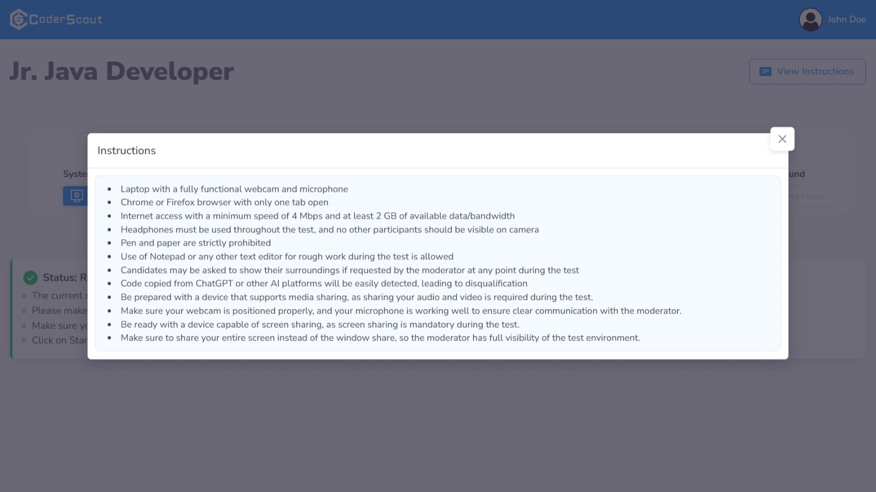 Candidate Instructions View