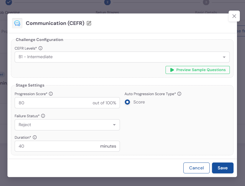 CEFR stage configuration modal