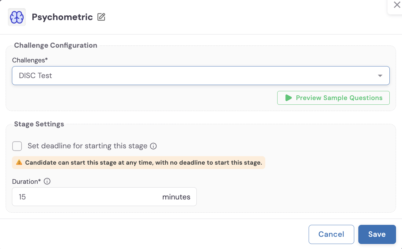 Psychometric stage configuration modal